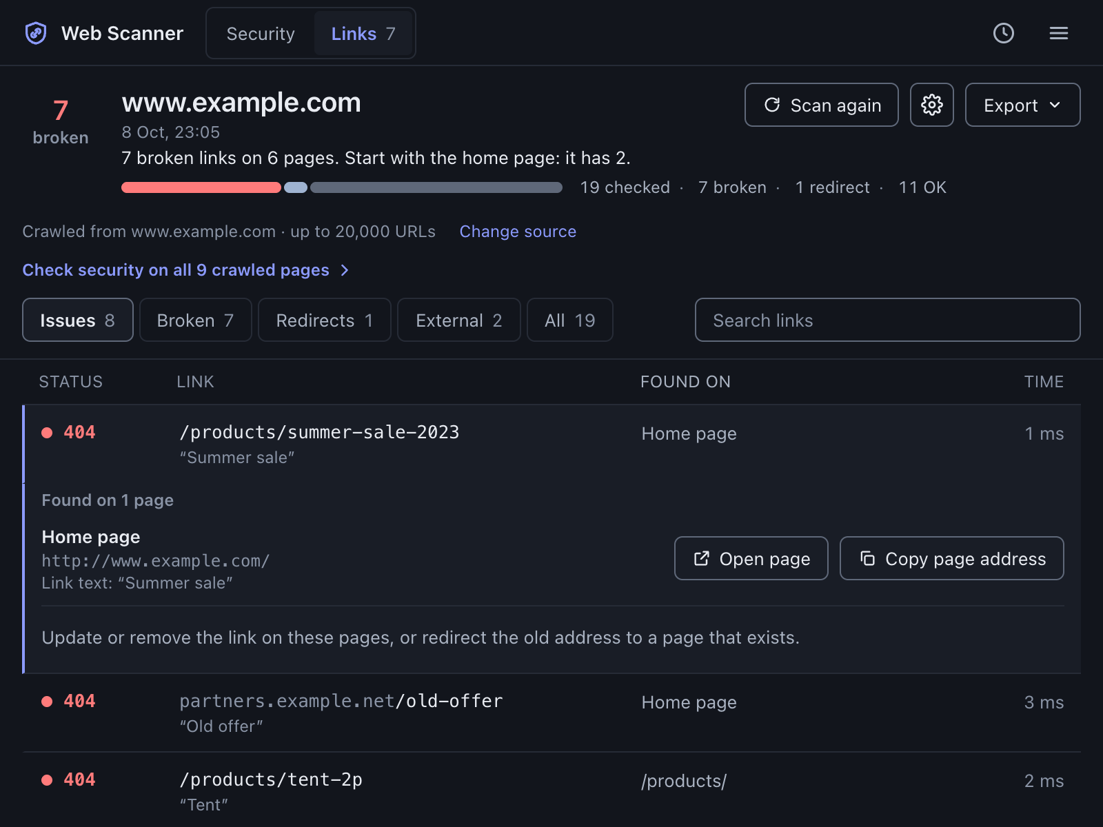 Web Scanner link report: 7 broken links, the first one open with the page it is on and its link text